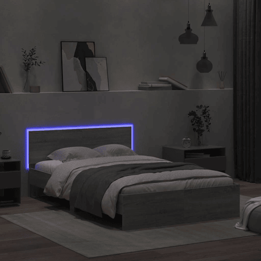 Estrutura de cama de casal c cabeceiraluzes LED - 140x190cm cinzento sonoma