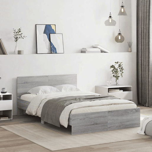 Estrutura de cama de casal c cabeceiraluzes LED - 140x190cm cinzento sonoma