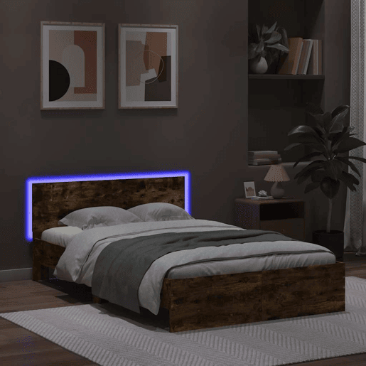 Estrutura Cama de casal simple c cabeceiraluzes LED 140x190cm carvalho fumado