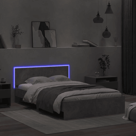 Estrutura de cama de casal cabeceira e luzes LED - 140x190cm cinzento cimento