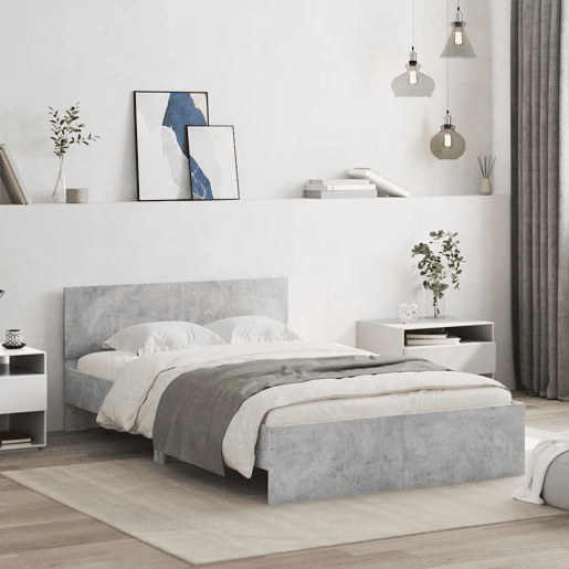 Estrutura de cama de casal cabeceira e luzes LED - 140x190cm cinzento cimento