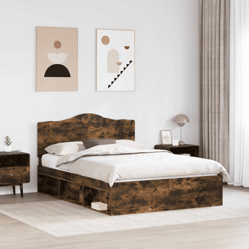 Estrutura de cama de casal com cabeceira - Carvalho Defumado 140 x 190 cm