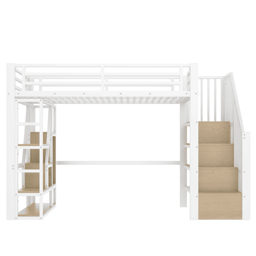 Cama alta 90x200 cm - Estrutura metálica, prateleira, escada integrada, barra de proteção, luz LED, arrumação aberta - Branco