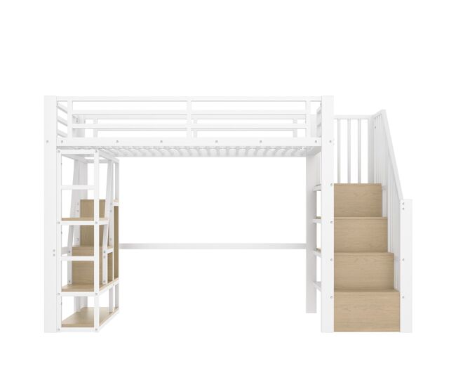 Cama alta 90x200 cm - estructura metálica, estante, escalera integrada, barra de protección, luz led, almacenamiento abierto - blanco