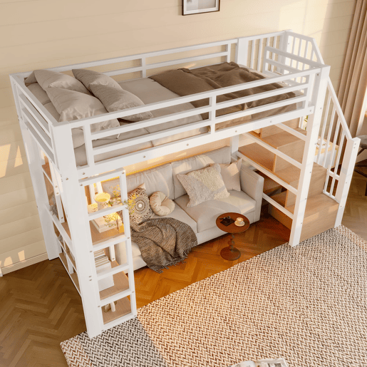 Cama alta 90x200 cm - Estrutura metálica, prateleira, escada integrada, barra de proteção, luz LED, arrumação aberta - Branco