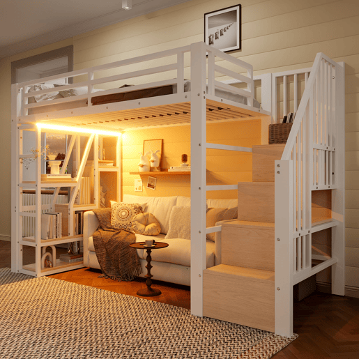 Cama alta 90x200 cm - Estrutura metálica, prateleira, escada integrada, barra de proteção, luz LED, arrumação aberta - Branco