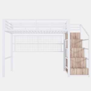 Cama alta 140x200cm - Estrutura metálica, armário, escada com arrumação, grelha para pendurar objetos, espaço livre por baixo, luzes LED multicoloridas - Branco
