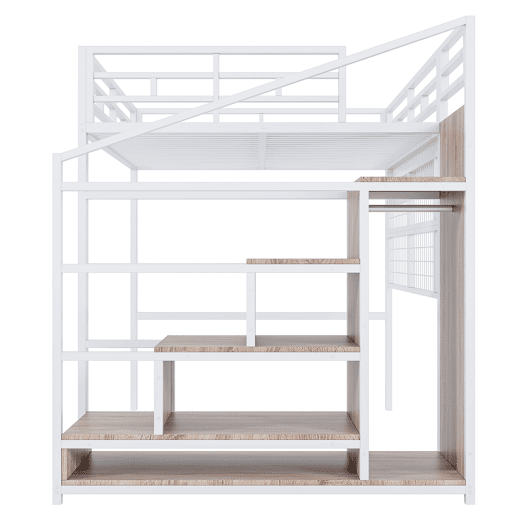 Cama alta 140x200cm - Estrutura metálica, armário, escada com arrumação, grelha para pendurar objetos, espaço livre por baixo, luzes LED multicoloridas - Branco
