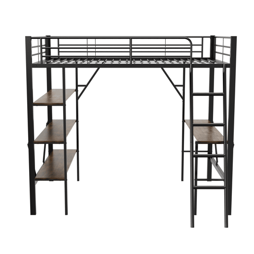 Cama mezzanine em ferro - 90x200 cm - com secretária e 3 prateleiras - Preto