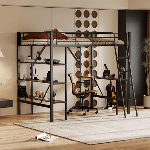 Cama mezzanine em ferro - 90x200 cm - com secretária e 3 prateleiras - Preto