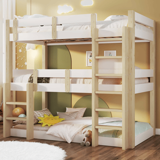 Beliche triplo 90x190 cm - para crianças, adolescentes e adultos, design robusto e seguro - Branco e natural