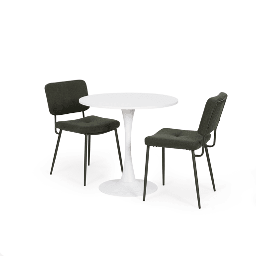 Mesa de Jantar Redonda Branca com 2 Cadeiras Verde Escuro Estilo Moderno Pés de Metal Preto