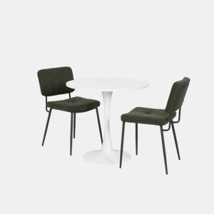 Mesa de Jantar Redonda Branca com 2 Cadeiras Verde Escuro Estilo Moderno Pés de Metal Preto