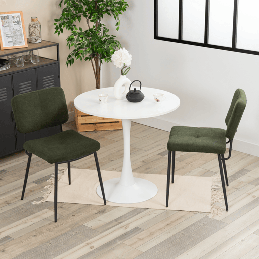Mesa de Jantar Redonda Branca com 2 Cadeiras Verde Escuro Estilo Moderno Pés de Metal Preto