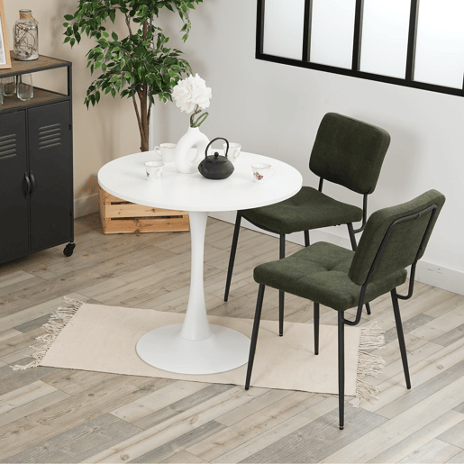 Mesa de Jantar Redonda Branca com 2 Cadeiras Verde Escuro Estilo Moderno Pés de Metal Preto