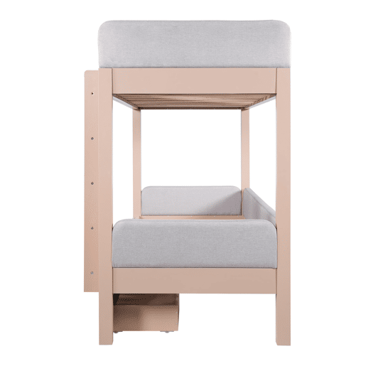 Cama alta infantil 90x200 - Escada de 4 degraus, 2 gavetas, estrado de madeira, bordas acolchoadas - CinzaNatural