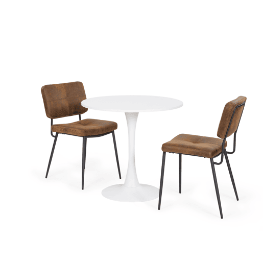 Mesa Jantar Redonda Branca MDF com 2 Cadeiras Castanho Estilo Industrial Pés Metal Preto