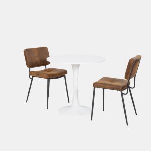 Mesa Jantar Redonda Branca MDF com 2 Cadeiras Castanho Estilo Industrial Pés Metal Preto
