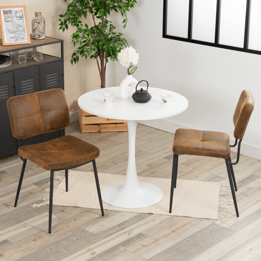 Mesa Jantar Redonda Branca MDF com 2 Cadeiras Castanho Estilo Industrial Pés Metal Preto