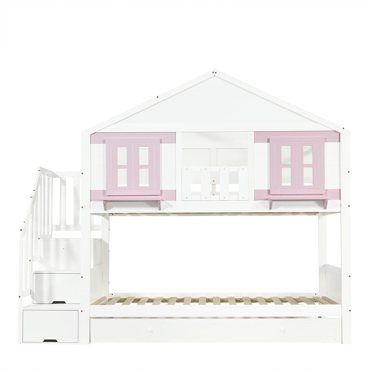 Cama alta con cama extra 90x200 - armario, ventana y techo, somier estable - blanco y rosa