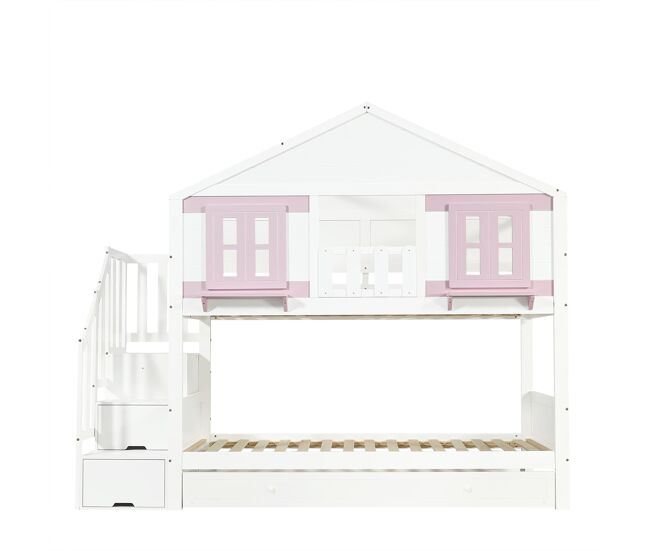 Cama alta con cama extra 90x200 - armario, ventana y techo, somier estable - blanco y rosa
