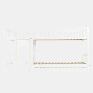 Cama alta infantil 90x200 - Escada reta de 4 degraus, grades nos 4 lados, design personalizável - Branco + Natural