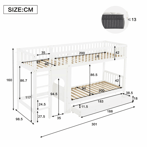 Cama alta infantil 90x200 - Escada reta de 4 degraus, grades nos 4 lados, design personalizável - Branco + Natural