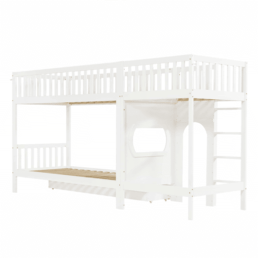 Cama alta infantil 90x200 - Escada reta de 4 degraus, grades nos 4 lados, design personalizável - Branco + Natural