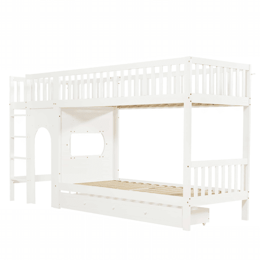 Cama alta infantil 90x200 - Escada reta de 4 degraus, grades nos 4 lados, design personalizável - Branco + Natural