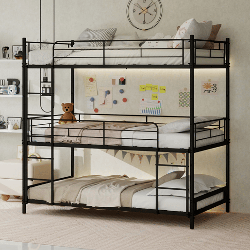 Cama tripla para 3 pessoas - estrutura metálica com escada e corrimão - preta