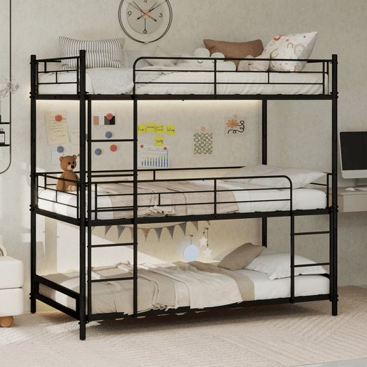 Cama tripla para 3 pessoas - estrutura metálica com escada e corrimão - preta