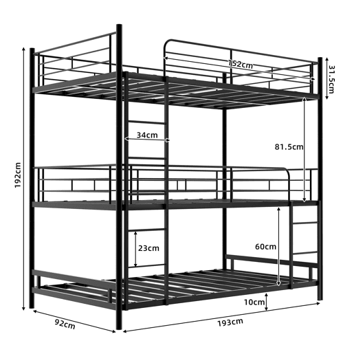 Cama tripla para 3 pessoas - estrutura metálica com escada e corrimão - preta
