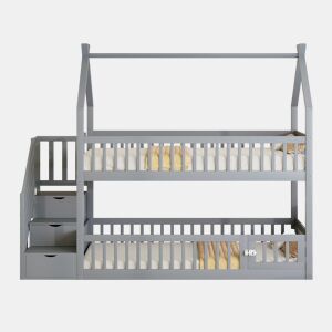 Cama beliche infantil 90x200 - madeira maciça com teto, escada de segurança e gavetas de arrumação - cinza