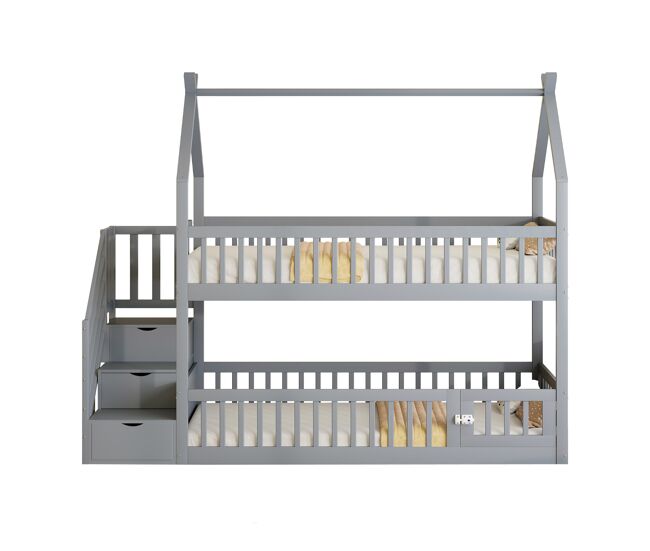 Cama litera infantil 90x200 - madera maciza con techo, escalera de seguridad y cajones de almacenamiento - gris
