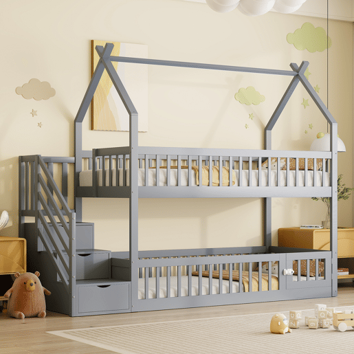 Cama beliche infantil 90x200 - madeira maciça com teto, escada de segurança e gavetas de arrumação - cinza