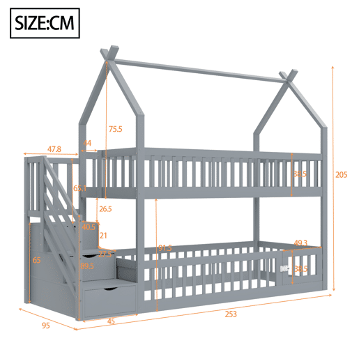 Cama beliche infantil 90x200 - madeira maciça com teto, escada de segurança e gavetas de arrumação - cinza
