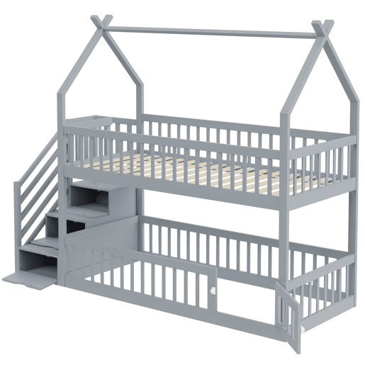 Cama beliche infantil 90x200 - madeira maciça com teto, escada de segurança e gavetas de arrumação - cinza