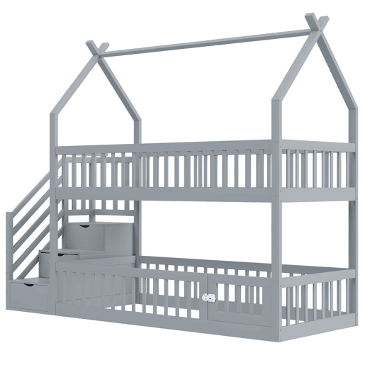 Cama beliche infantil 90x200 - madeira maciça com teto, escada de segurança e gavetas de arrumação - cinza