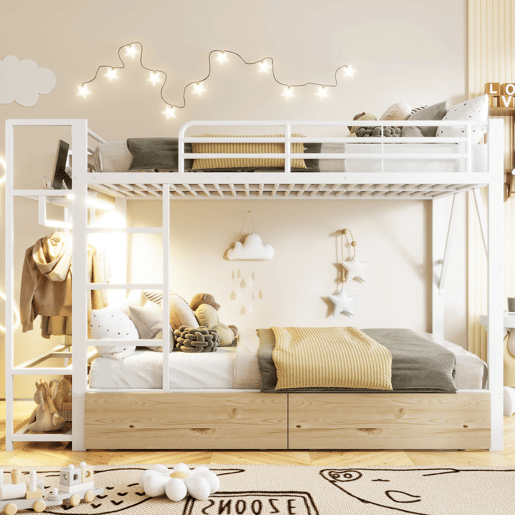 Beliche 140x200 cm - 2 gavetas, prateleiras, LED, barra para roupa - Branco