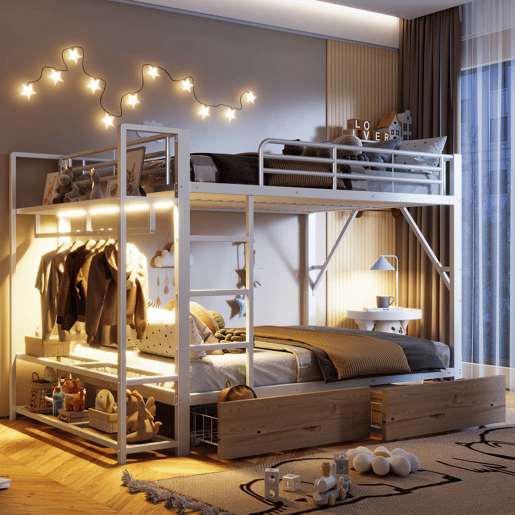 Beliche 140x200 cm - 2 gavetas, prateleiras, LED, barra para roupa - Branco