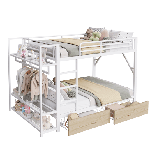 Beliche 140x200 cm - 2 gavetas, prateleiras, LED, barra para roupa - Branco
