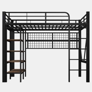 Cama alta 90x200 cm - Estrutura metálica, com prateleira, rede para pendurar, barra para roupa, espaço aberto, luzes LED - Preto