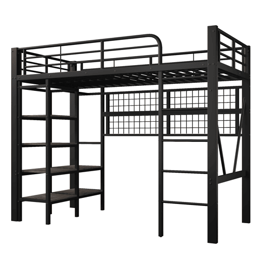 Cama alta 90x200 cm - Estrutura metálica, com prateleira, rede para pendurar, barra para roupa, espaço aberto, luzes LED - Preto