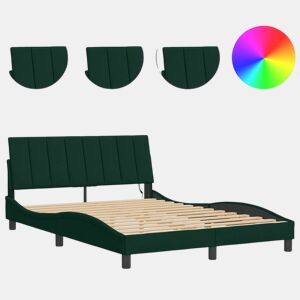 Estrutura de cama de casal moderno com LED - 140x190 cm veludo verde-escuro