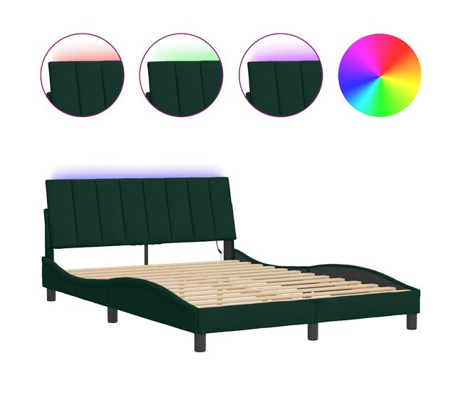 Estructura de cama doble matrimonial con led - terciopelo verde oscuro 140x190 cm