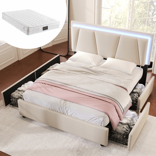 Cama estofada 160x200 cm - LED, 4 gavetas, cabeceira ajustável, colchão incluído - bege