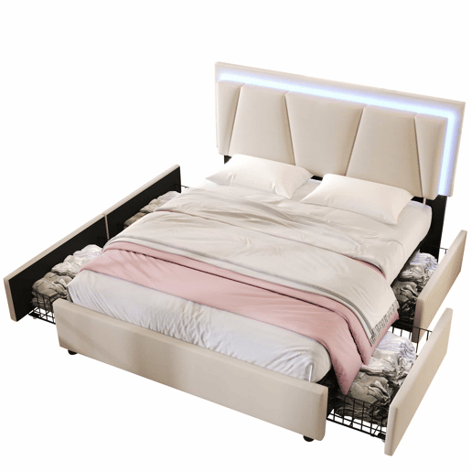Cama estofada 160x200 cm - LED, 4 gavetas, cabeceira ajustável, colchão incluído - bege