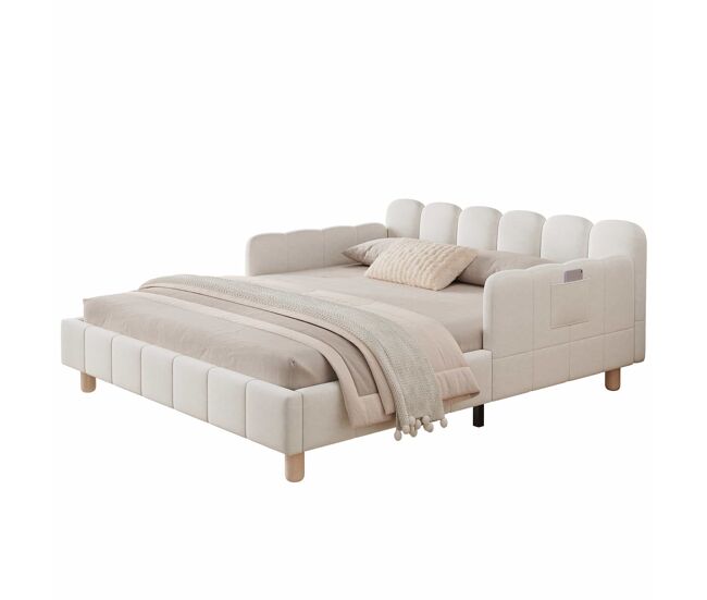 Cama infantil 140 x 190 cm - cabecero capitoné, barrera de seguridad, patas de madera maciza, terciopelo - beige