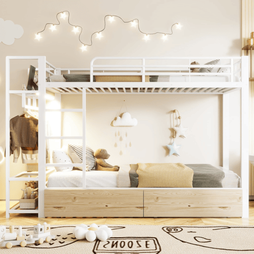 Beliche 90x200 cm - Estrutura em ferro, 2 gavetas, prateleiras, LED, barra para roupa - Branco
