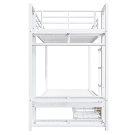 Beliche 90x200 cm - Estrutura em ferro, 2 gavetas, prateleiras, LED, barra para roupa - Branco